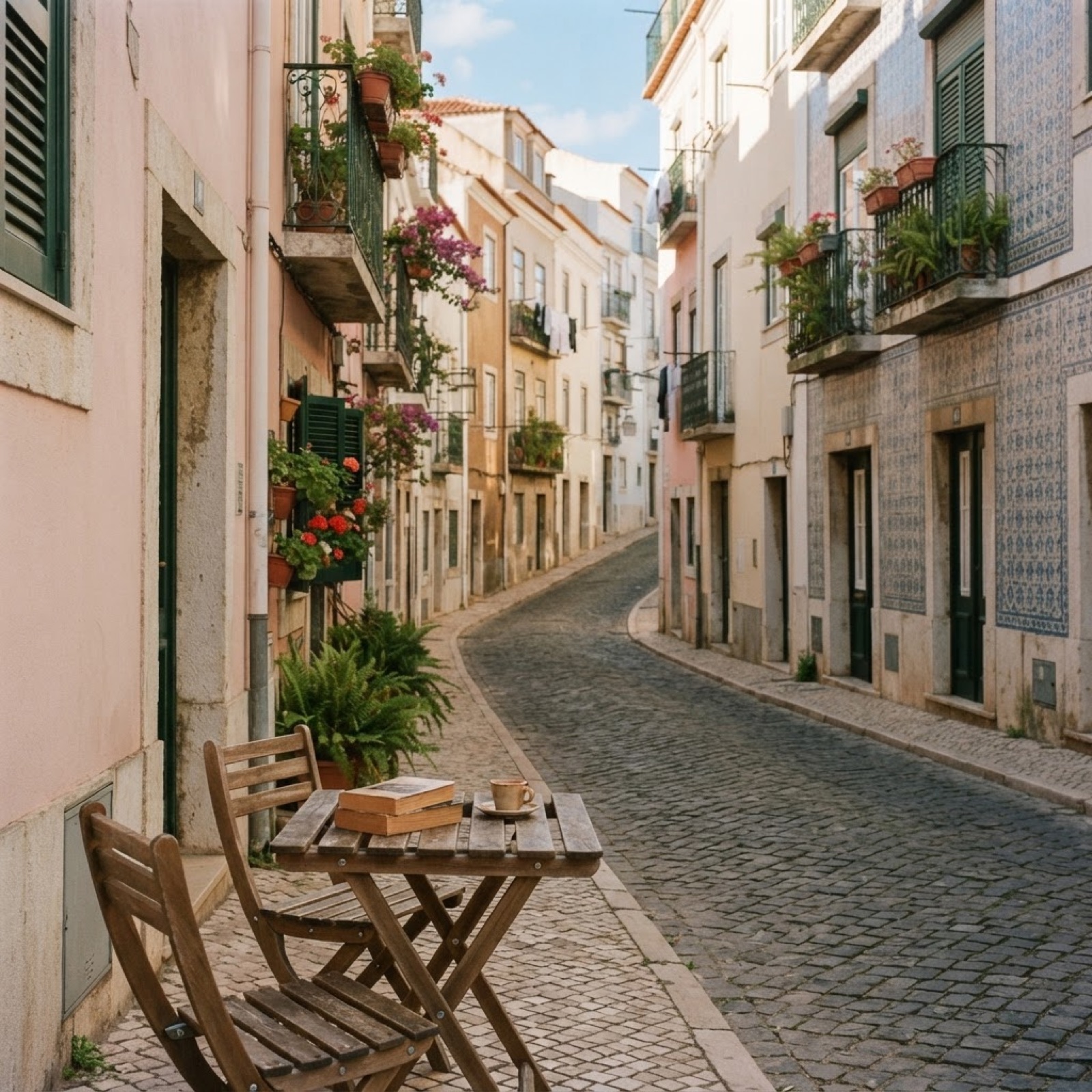A quiet Lisbon street with colourful buildings, tiled walls, and a café table